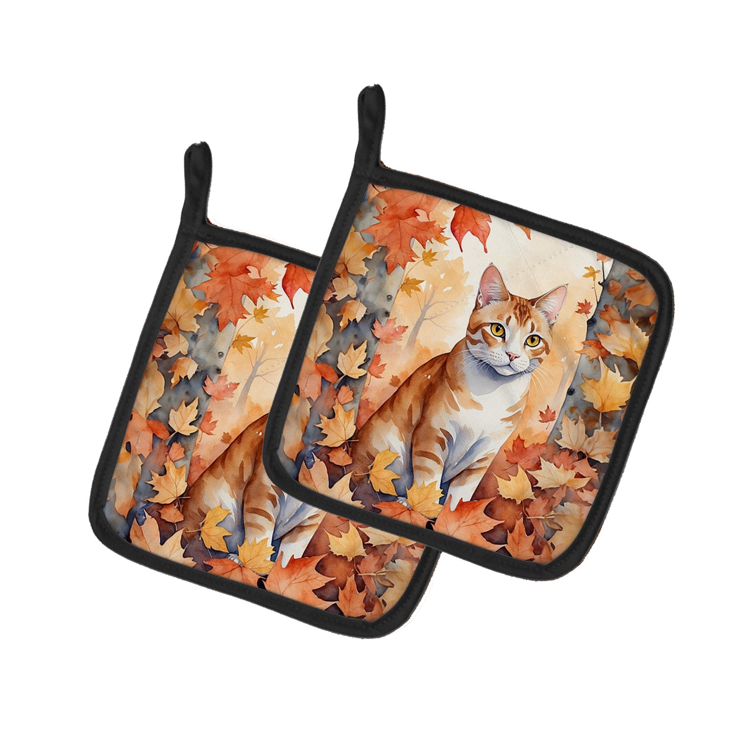 Ural Rex Cat in Fall Leaves Pot Holder Set of 2 Heat Resistant Quilted Hot Pads 7.5 x 7.5 Inch, Insulated Kitchen Trivets for Cooking & Baking