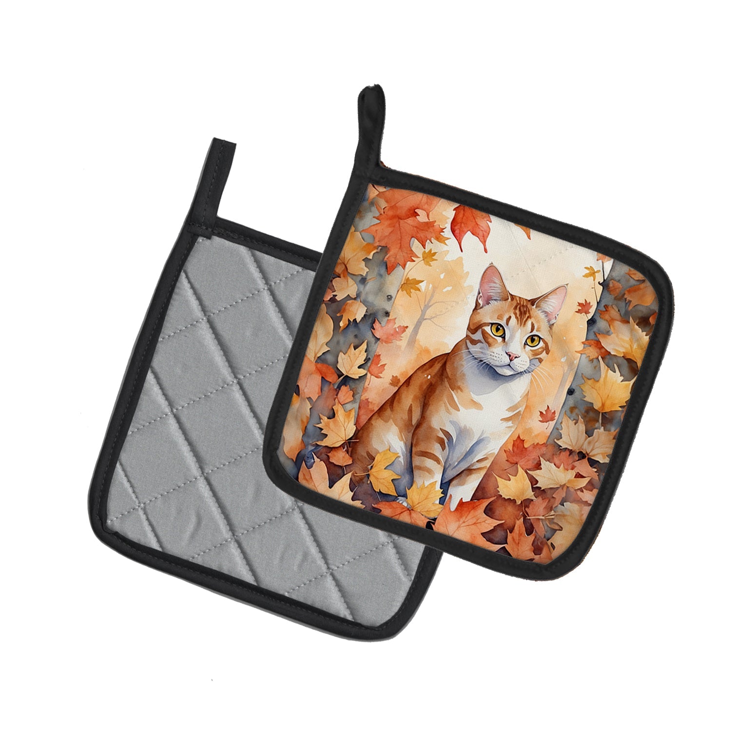 Ural Rex Cat in Fall Leaves Pot Holder Set of 2 Heat Resistant Quilted Hot Pads 7.5 x 7.5 Inch, Insulated Kitchen Trivets for Cooking & Baking