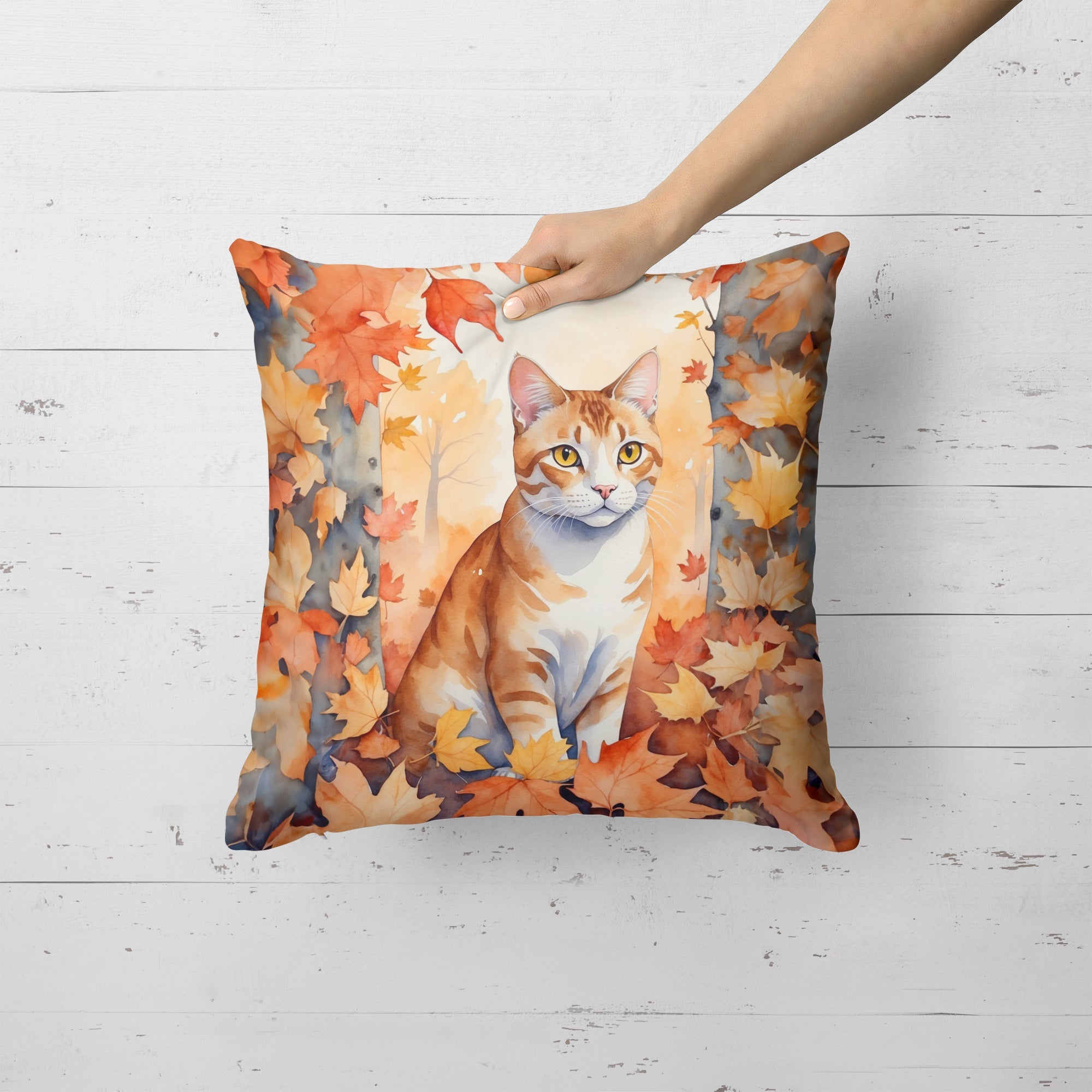 Ural Rex Cat in Fall Leaves Decorative Throw Pillow 18x18 Indoor Outdoor Accent Cushion, Fabric Cover with Insert for Sofa, Bed, Porch & Living Room