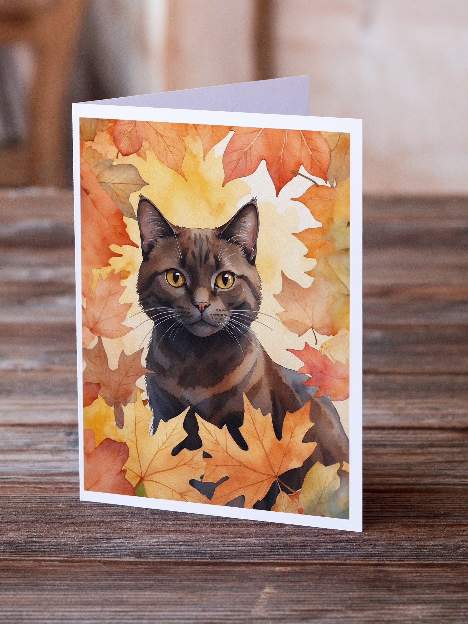 York Chocolate Cat in Fall Leaves Greeting Cards Pack of 8 Blank Cards with Envelopes Whimsical A7 Size 5x7