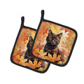 York Chocolate Cat in Fall Leaves Pot Holder Set of 2 Heat Resistant Quilted Hot Pads 7.5 x 7.5 Inch, Insulated Kitchen Trivets for Cooking & Baking