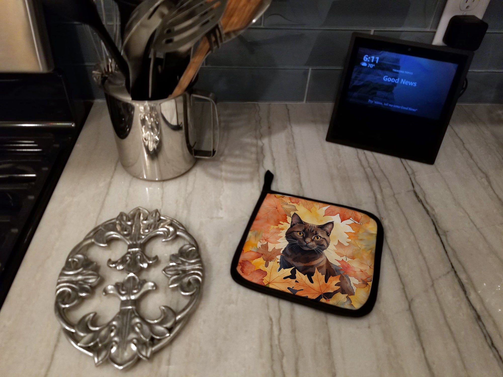 York Chocolate Cat in Fall Leaves Pot Holder Set of 2 Heat Resistant Quilted Hot Pads 7.5 x 7.5 Inch, Insulated Kitchen Trivets for Cooking & Baking