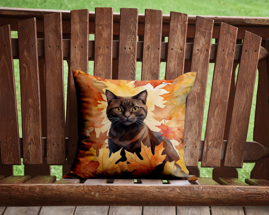 York Chocolate Cat in Fall Leaves Decorative Throw Pillow 14x14 Indoor Outdoor Accent Cushion, Fabric Cover with Insert for Sofa, Bed, Porch & Living Room