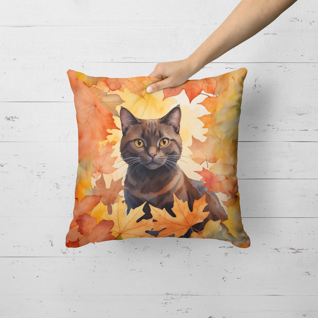 York Chocolate Cat in Fall Leaves Decorative Throw Pillow 18x18 Indoor Outdoor Accent Cushion, Fabric Cover with Insert for Sofa, Bed, Porch & Living Room