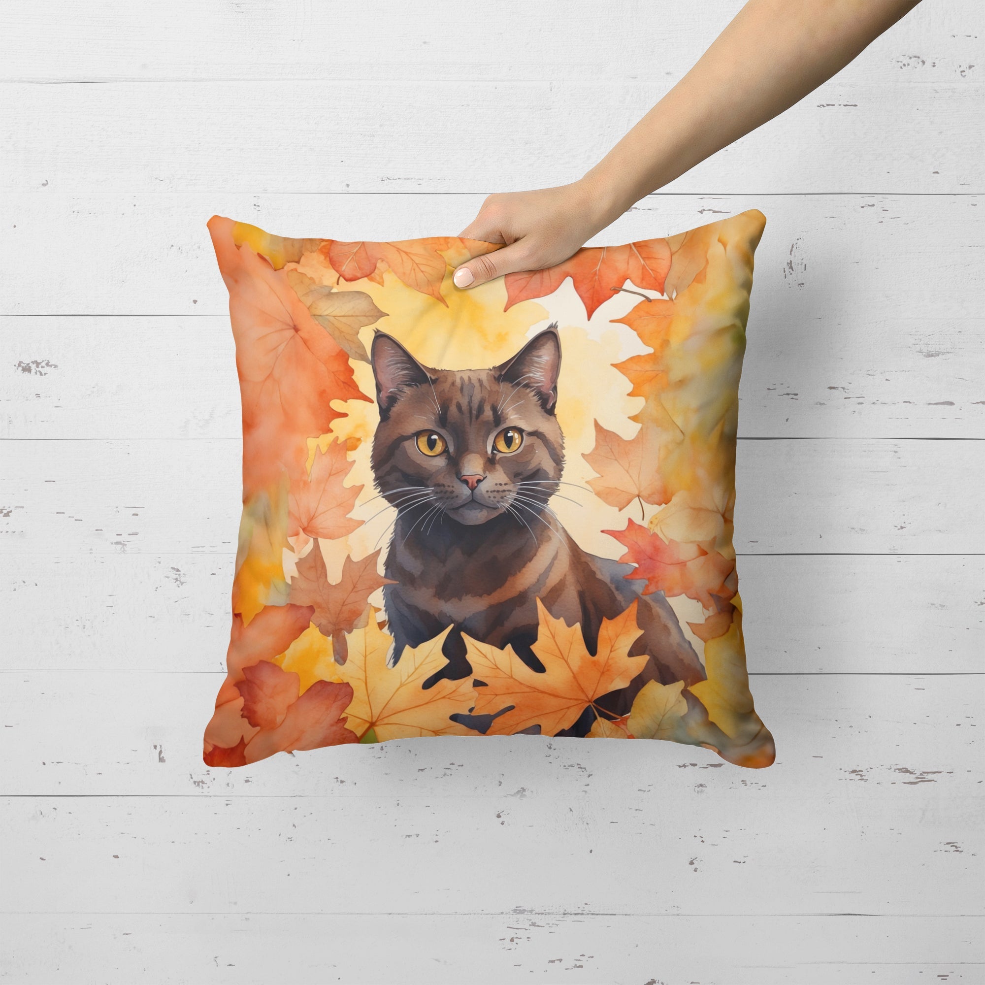 York Chocolate Cat in Fall Leaves Decorative Throw Pillow 18x18 Indoor Outdoor Accent Cushion, Fabric Cover with Insert for Sofa, Bed, Porch & Living Room