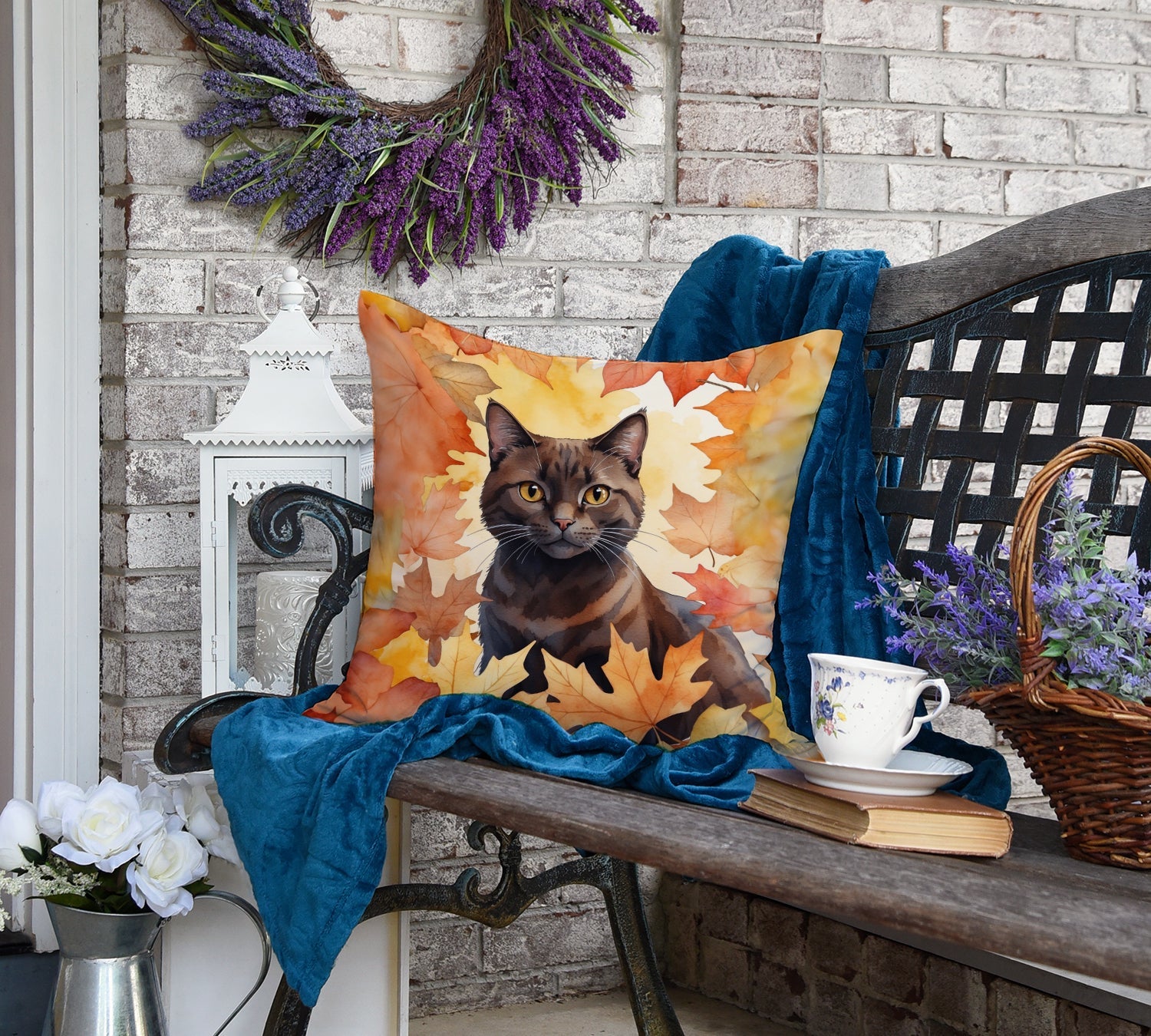 York Chocolate Cat in Fall Leaves Decorative Throw Pillow 18x18 Indoor Outdoor Accent Cushion, Fabric Cover with Insert for Sofa, Bed, Porch & Living Room