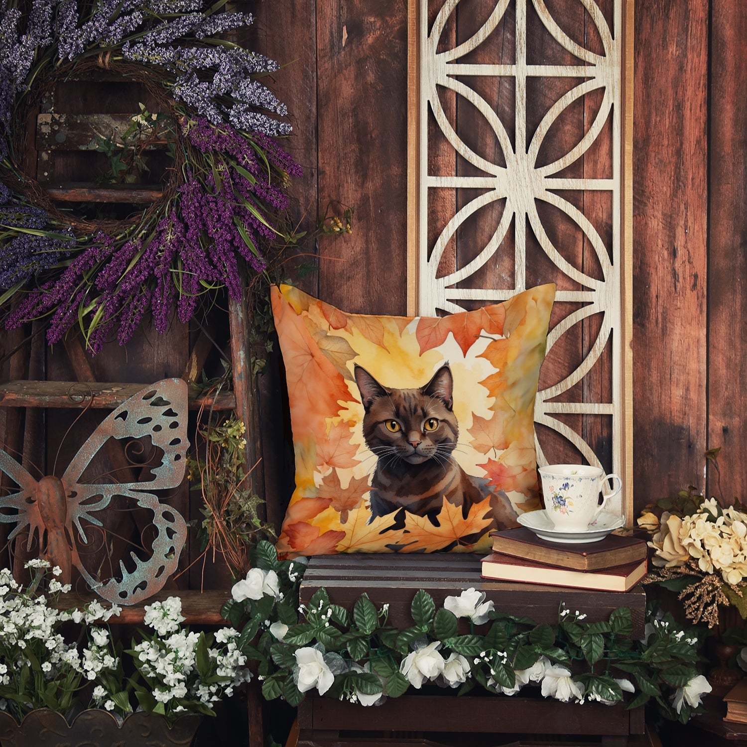 York Chocolate Cat in Fall Leaves Decorative Throw Pillow 18x18 Indoor Outdoor Accent Cushion, Fabric Cover with Insert for Sofa, Bed, Porch & Living Room