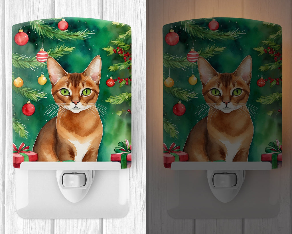 Abyssinian Cat By the Christmas Tree Ceramic Night Light Compact, UL-Certified, Ideal for Bedroom, Bathroom, Nursery, Hallway, Kitchen, 6x4x3, Multicolor