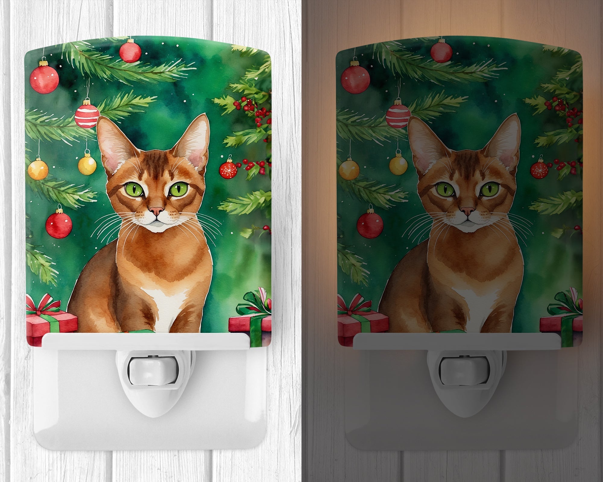 Abyssinian Cat By the Christmas Tree Ceramic Night Light Compact, UL-Certified, Ideal for Bedroom, Bathroom, Nursery, Hallway, Kitchen, 6x4x3, Multicolor
