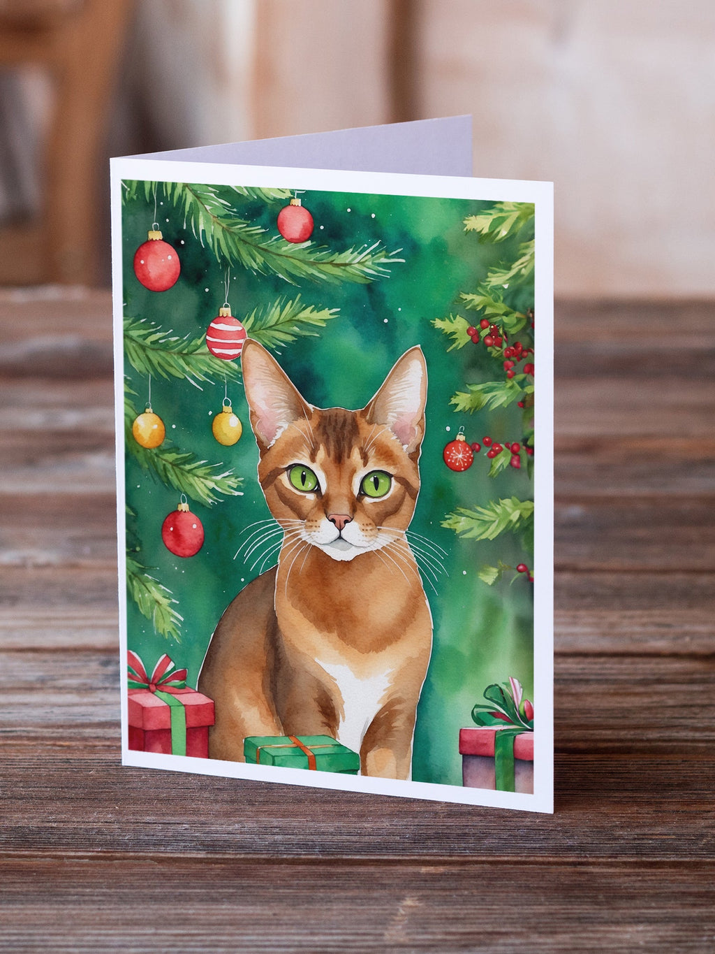 Abyssinian Cat By the Christmas Tree Greeting Cards Pack of 8 Blank Cards with Envelopes Whimsical A7 Size 5x7
