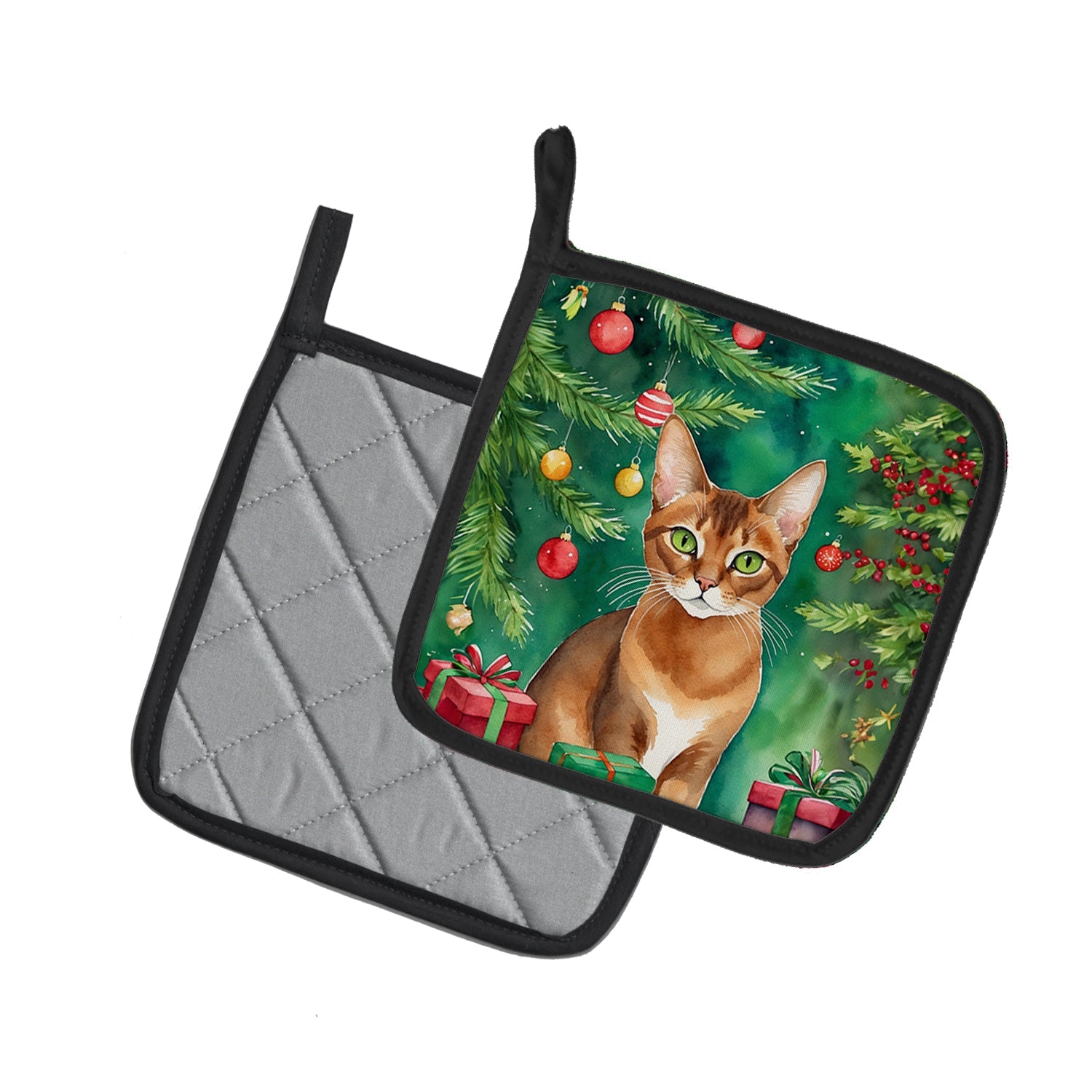 Abyssinian Cat By the Christmas Tree Pot Holder Set of 2 Heat Resistant Quilted Hot Pads 7.5 x 7.5 Inch, Insulated Kitchen Trivets for Cooking & Baking