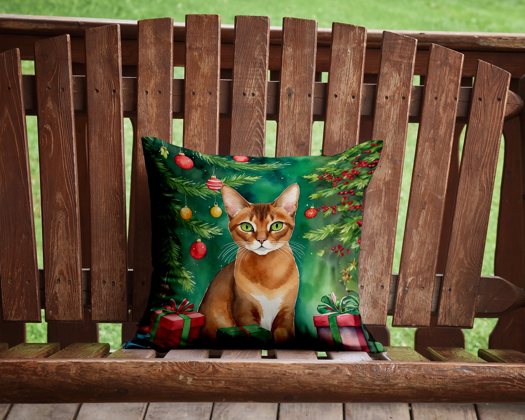 Abyssinian Cat By the Christmas Tree Decorative Throw Pillow 14x14 Indoor Outdoor Accent Cushion, Fabric Cover with Insert for Sofa, Bed, Porch & Living Room