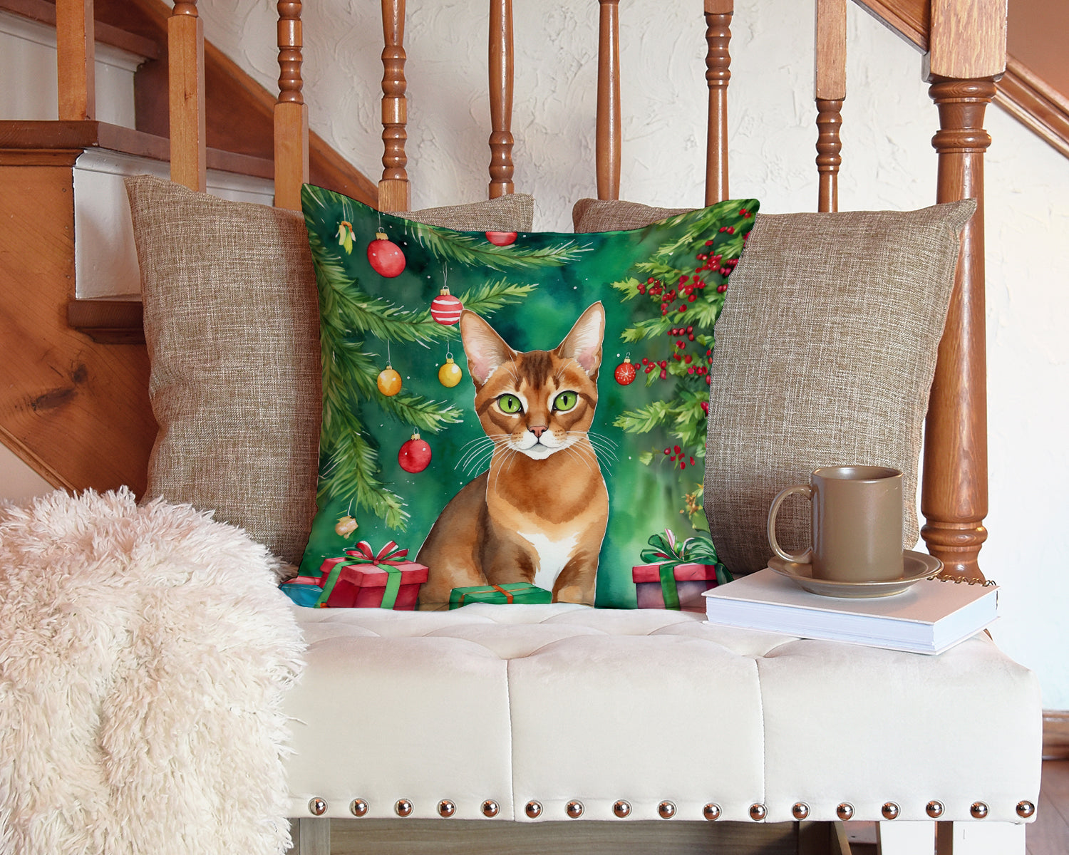 Abyssinian Cat By the Christmas Tree Decorative Throw Pillow 14x14 Indoor Outdoor Accent Cushion, Fabric Cover with Insert for Sofa, Bed, Porch & Living Room