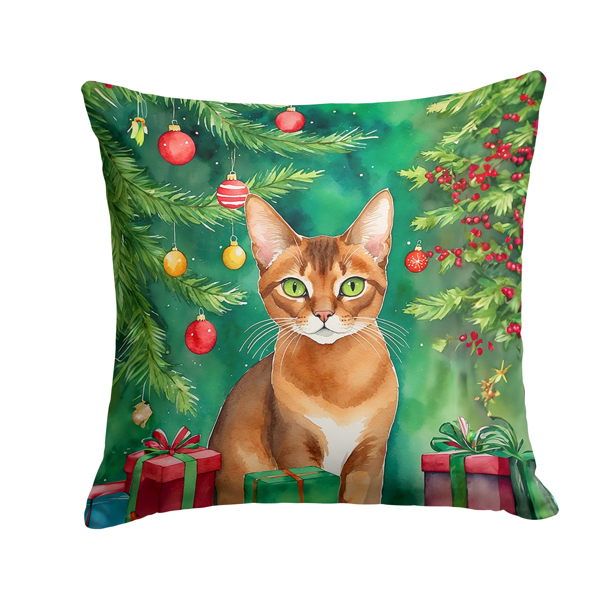 Abyssinian Cat By the Christmas Tree Decorative Throw Pillow 14x14 Indoor Outdoor Accent Cushion, Fabric Cover with Insert for Sofa, Bed, Porch & Living Room