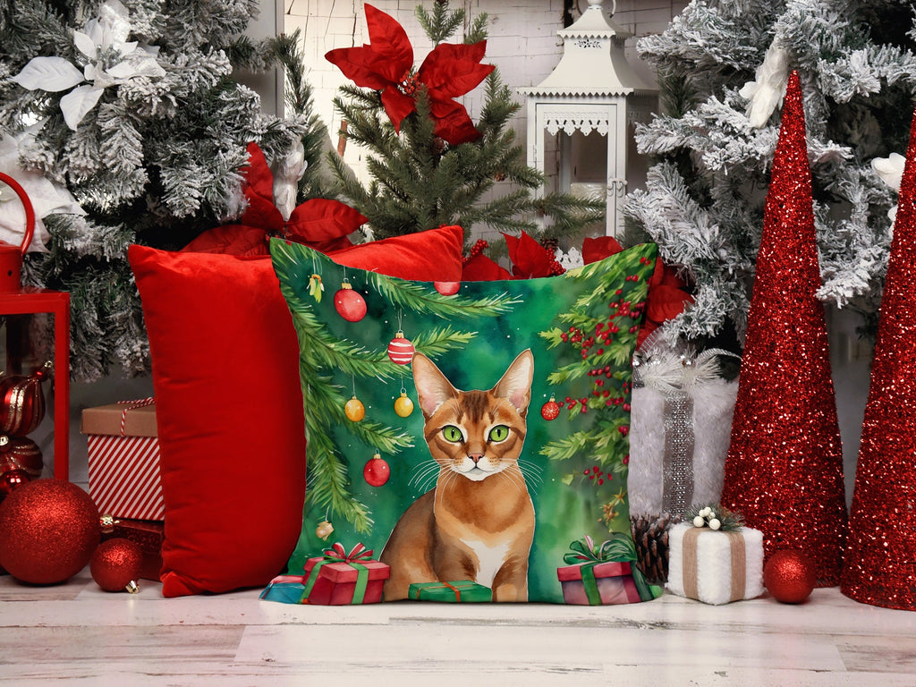 Abyssinian Cat By the Christmas Tree Decorative Throw Pillow 18x18 Indoor Outdoor Accent Cushion, Fabric Cover with Insert for Sofa, Bed, Porch & Living Room