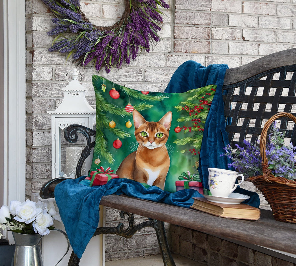 Abyssinian Cat By the Christmas Tree Decorative Throw Pillow 18x18 Indoor Outdoor Accent Cushion, Fabric Cover with Insert for Sofa, Bed, Porch & Living Room