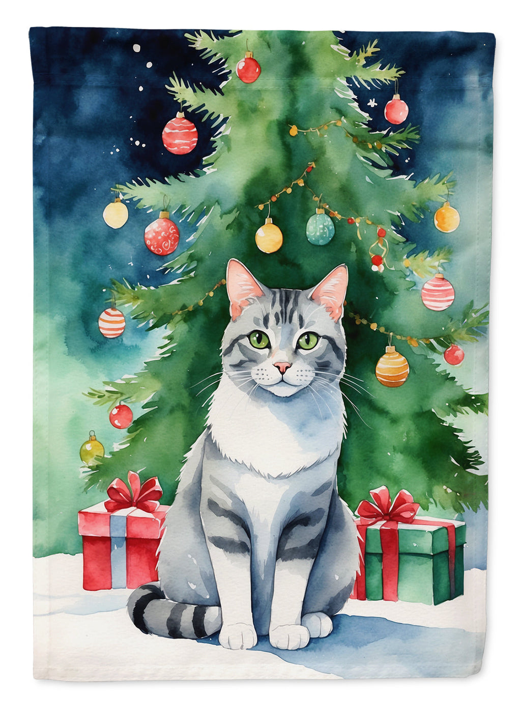 Aegean Cat By the Christmas Tree House Flag 28x40 Porch Sleeve Pole Decorative Outside Yard Banner Artwork Wall Hanging, Polyester