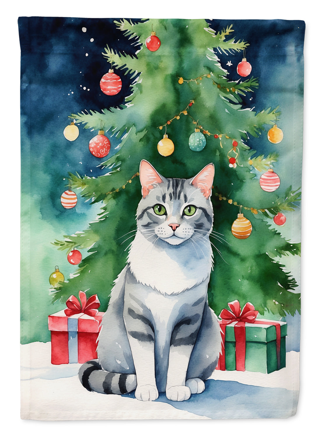 Aegean Cat By the Christmas Tree House Flag 28x40 Porch Sleeve Pole Decorative Outside Yard Banner Artwork Wall Hanging, Polyester