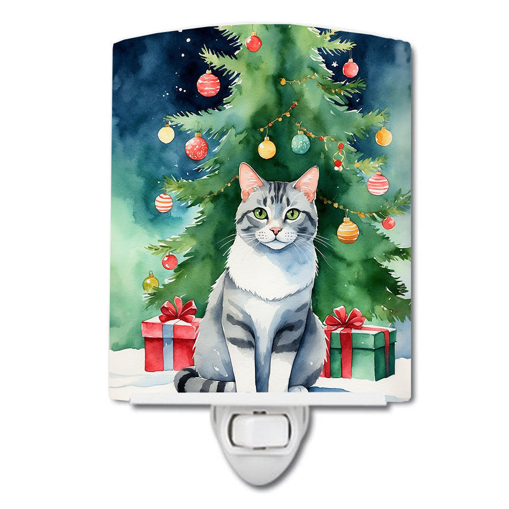 Aegean Cat By the Christmas Tree Ceramic Night Light Compact, UL-Certified, Ideal for Bedroom, Bathroom, Nursery, Hallway, Kitchen, 6x4x3, Multicolor