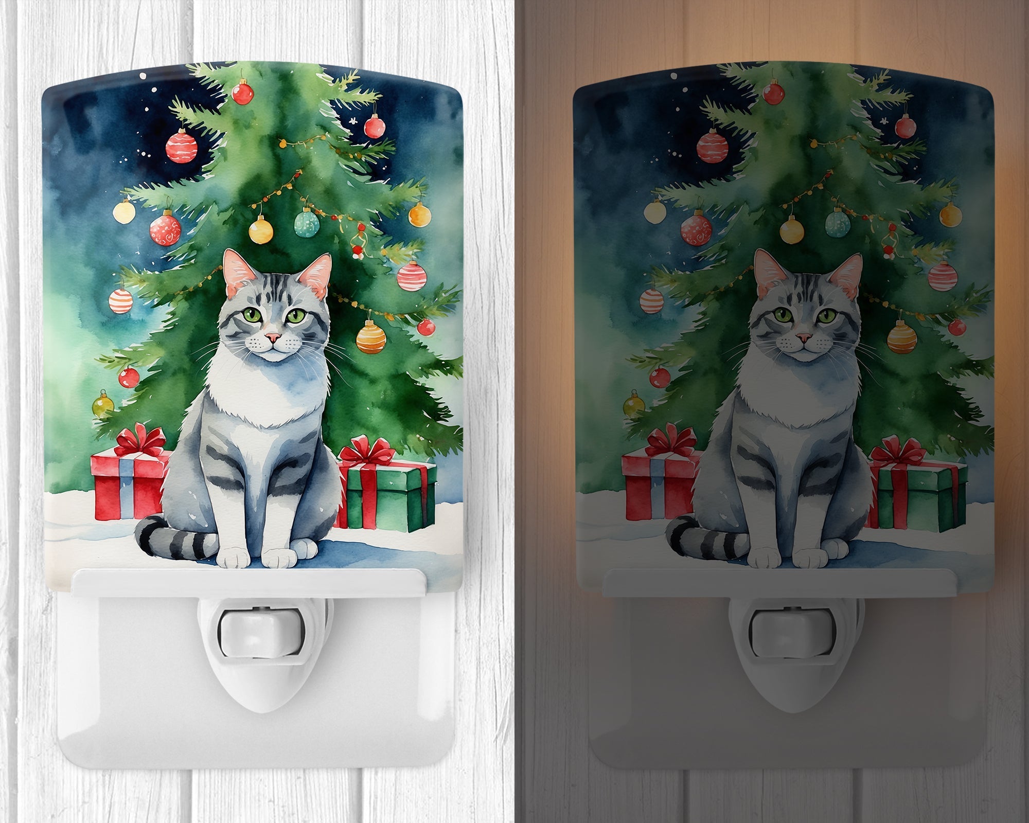 Aegean Cat By the Christmas Tree Ceramic Night Light Compact, UL-Certified, Ideal for Bedroom, Bathroom, Nursery, Hallway, Kitchen, 6x4x3, Multicolor