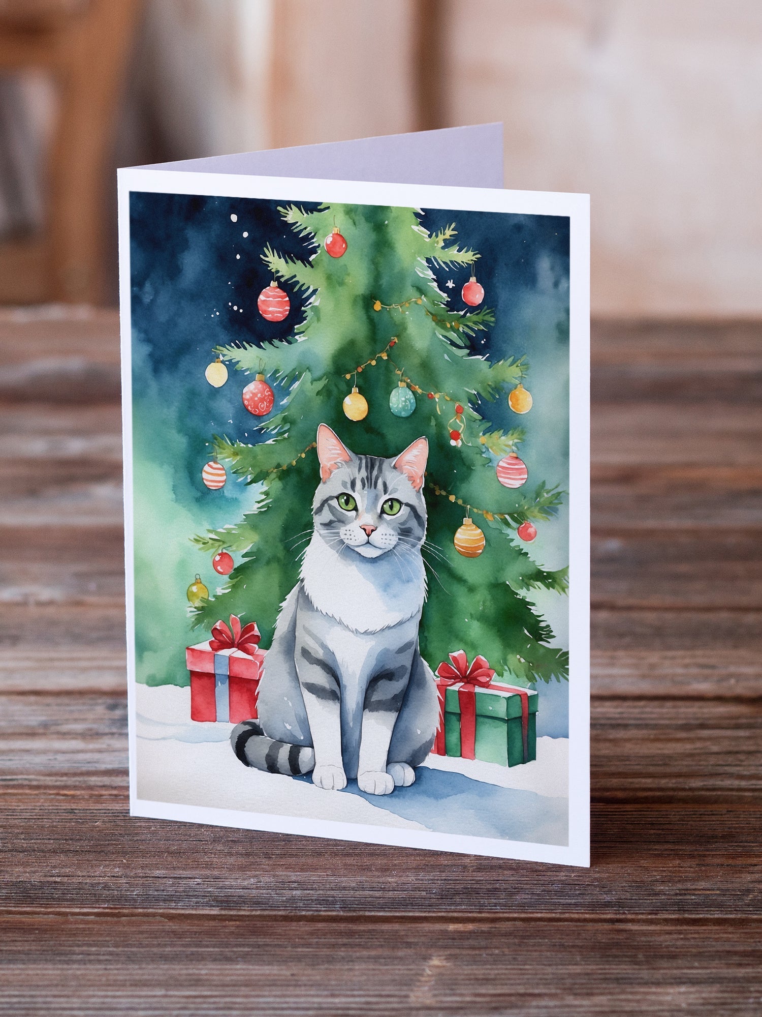 Aegean Cat By the Christmas Tree Greeting Cards Pack of 8 Blank Cards with Envelopes Whimsical A7 Size 5x7