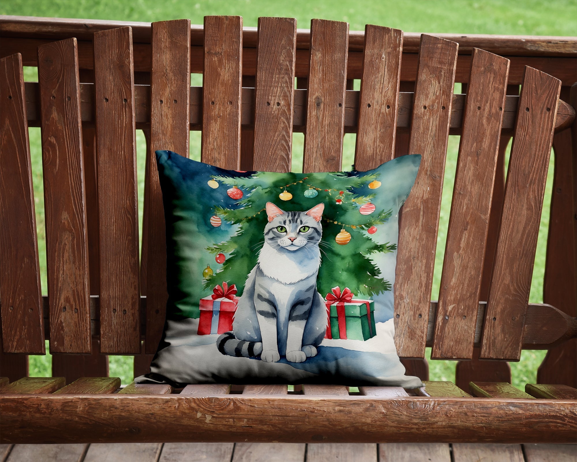 Aegean Cat By the Christmas Tree Decorative Throw Pillow 14x14 Indoor Outdoor Accent Cushion, Fabric Cover with Insert for Sofa, Bed, Porch & Living Room