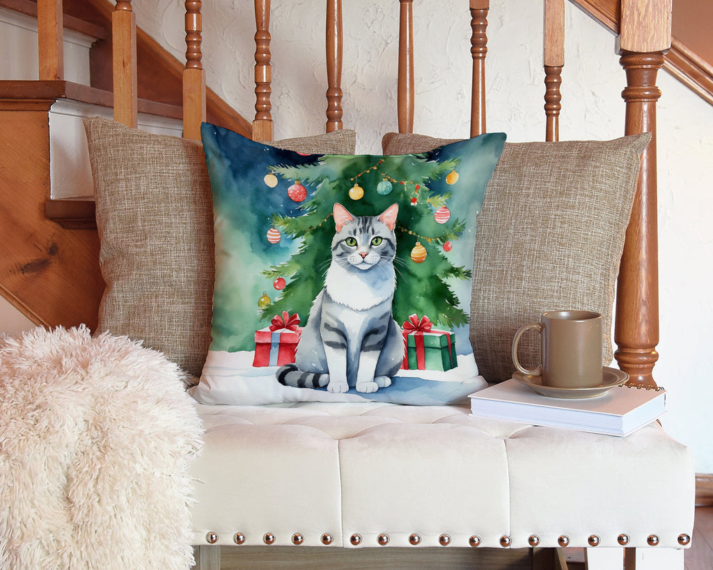 Aegean Cat By the Christmas Tree Decorative Throw Pillow 14x14 Indoor Outdoor Accent Cushion, Fabric Cover with Insert for Sofa, Bed, Porch & Living Room