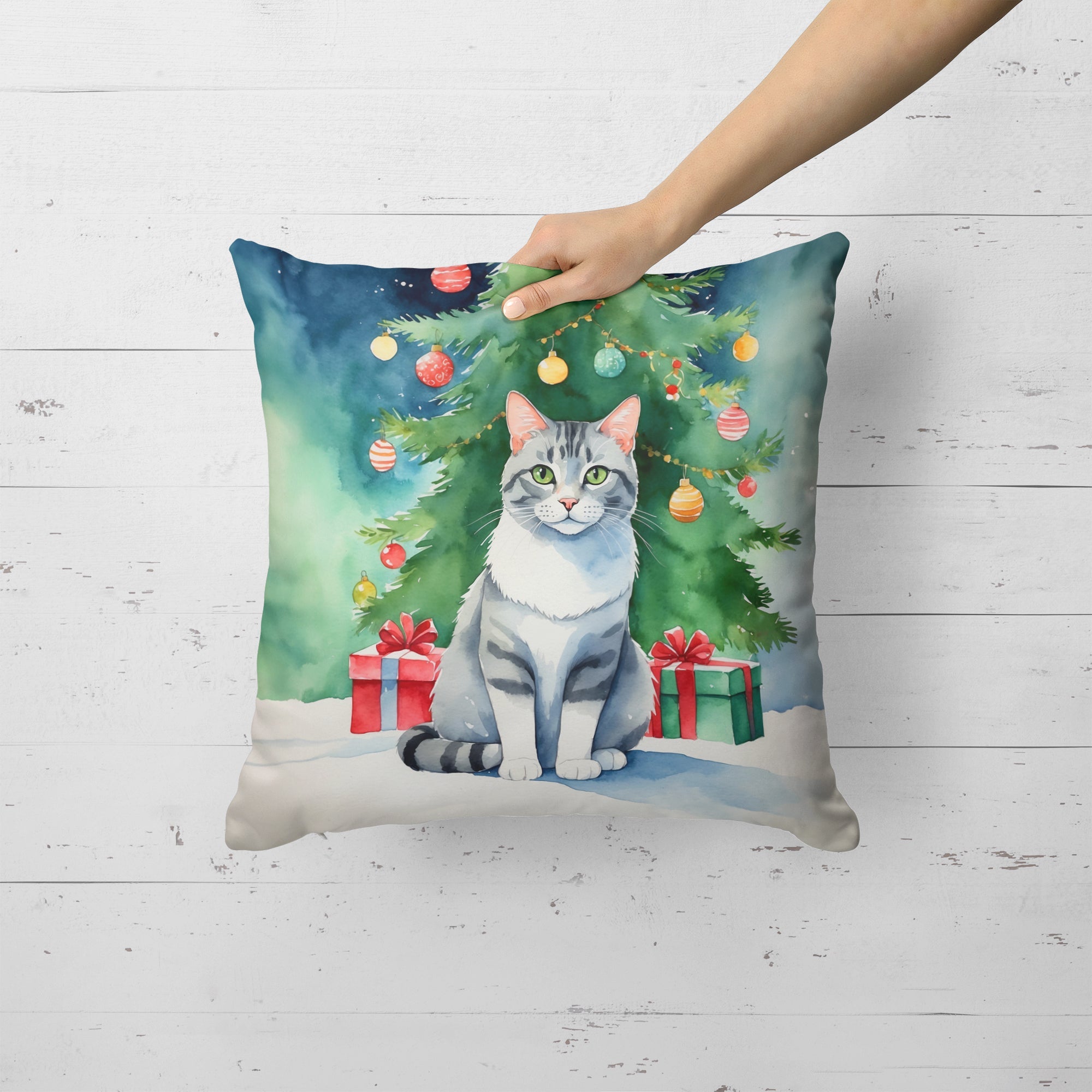 Aegean Cat By the Christmas Tree Decorative Throw Pillow 18x18 Indoor Outdoor Accent Cushion, Fabric Cover with Insert for Sofa, Bed, Porch & Living Room