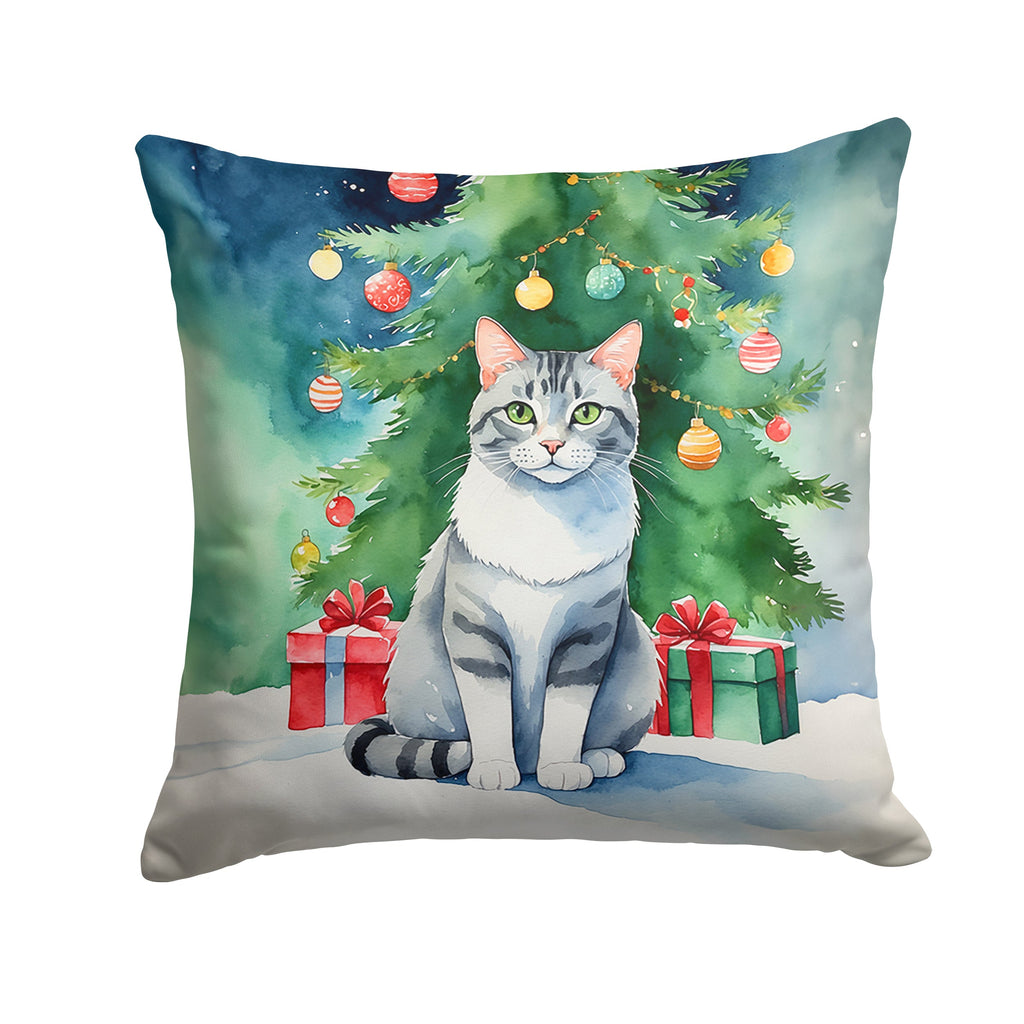 Aegean Cat By the Christmas Tree Decorative Throw Pillow 18x18 Indoor Outdoor Accent Cushion, Fabric Cover with Insert for Sofa, Bed, Porch & Living Room
