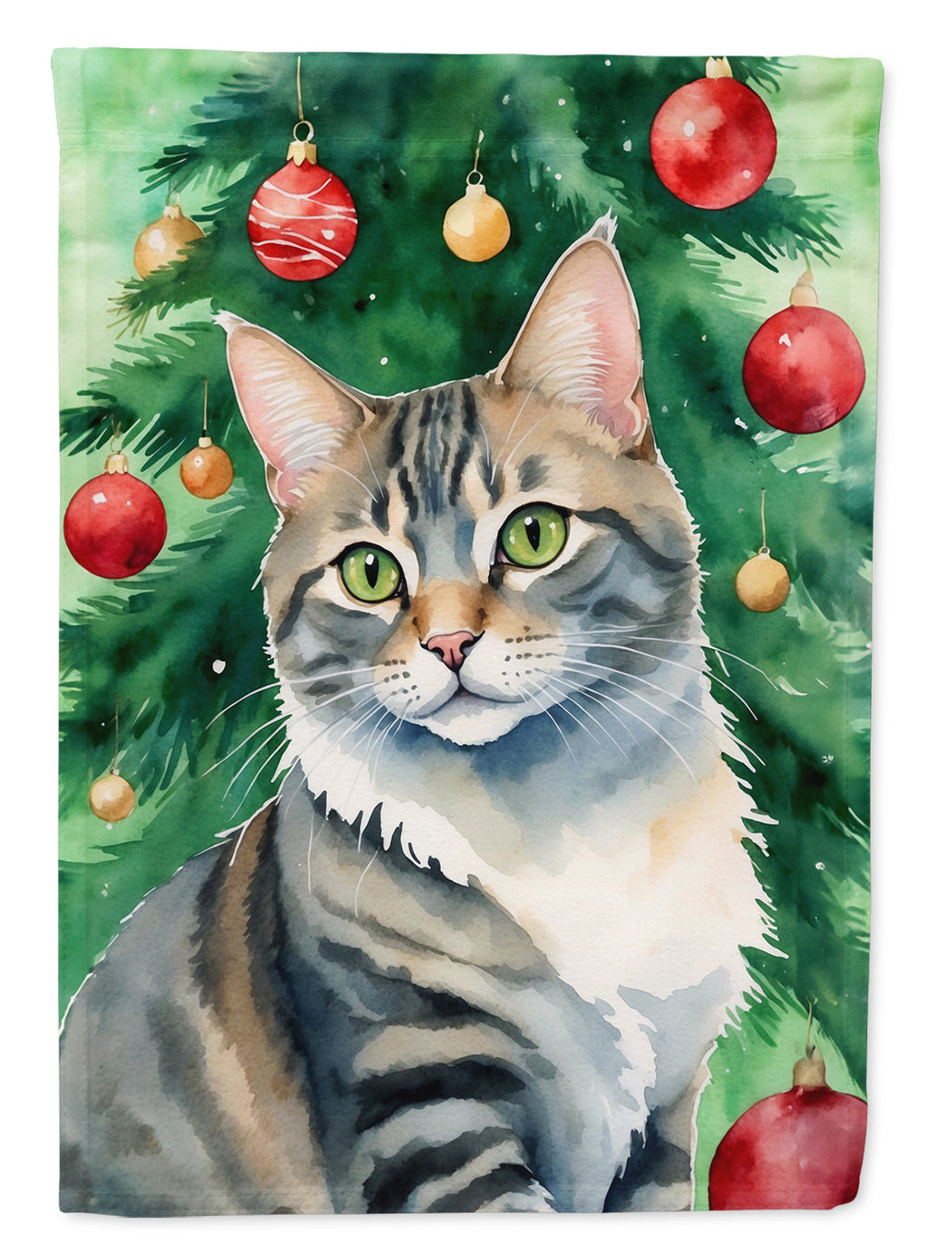 American Bobtail Cat By the Christmas Tree House Flag 28x40 Porch Sleeve Pole Decorative Outside Yard Banner Artwork Wall Hanging, Polyester