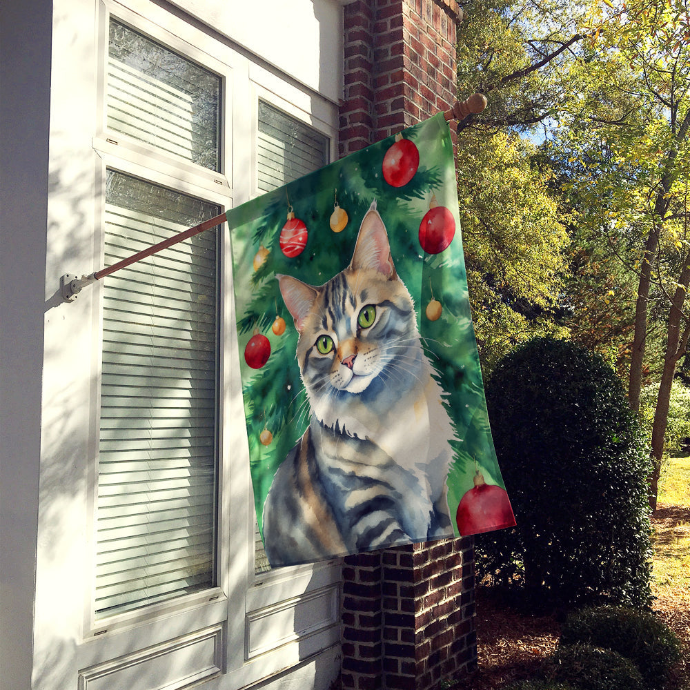 American Bobtail Cat By the Christmas Tree House Flag 28x40 Porch Sleeve Pole Decorative Outside Yard Banner Artwork Wall Hanging, Polyester