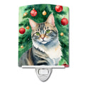 American Bobtail Cat By the Christmas Tree Ceramic Night Light Compact, UL-Certified, Ideal for Bedroom, Bathroom, Nursery, Hallway, Kitchen, 6x4x3, Multicolor