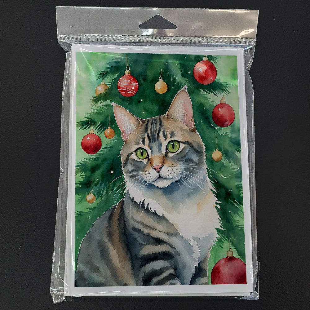 American Bobtail Cat By the Christmas Tree Greeting Cards Pack of 8 Blank Cards with Envelopes Whimsical A7 Size 5x7