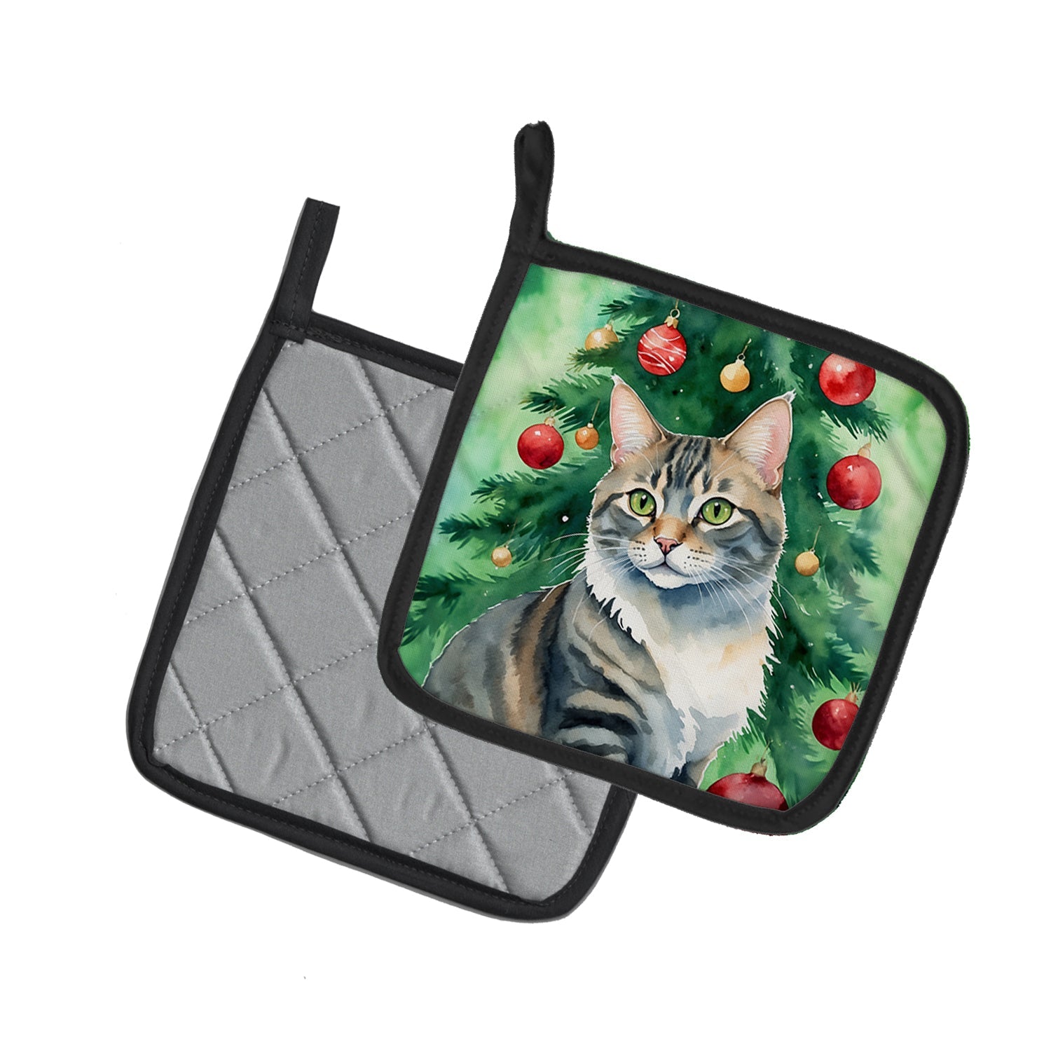 American Bobtail Cat By the Christmas Tree Pot Holder Set of 2 Heat Resistant Quilted Hot Pads 7.5 x 7.5 Inch, Insulated Kitchen Trivets for Cooking & Baking