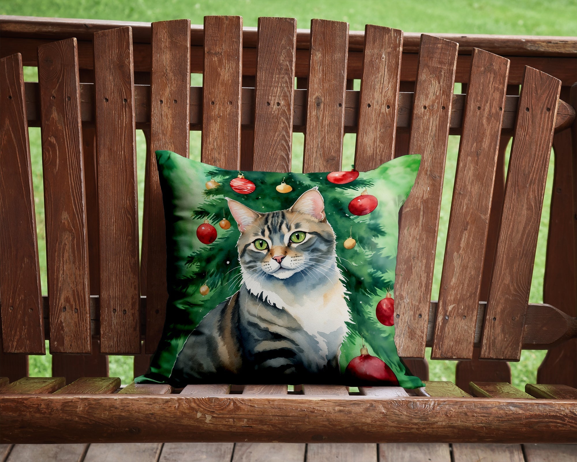 American Bobtail Cat By the Christmas Tree Decorative Throw Pillow 14x14 Indoor Outdoor Accent Cushion, Fabric Cover with Insert for Sofa, Bed, Porch & Living Room