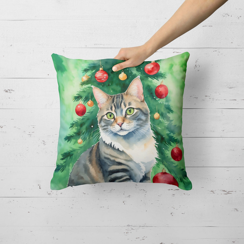 American Bobtail Cat By the Christmas Tree Decorative Throw Pillow 18x18 Indoor Outdoor Accent Cushion, Fabric Cover with Insert for Sofa, Bed, Porch & Living Room