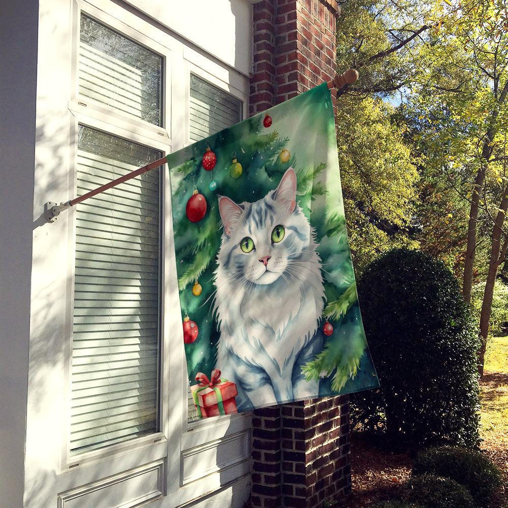 American Curl Cat By the Christmas Tree House Flag 28x40 Porch Sleeve Pole Decorative Outside Yard Banner Artwork Wall Hanging, Polyester