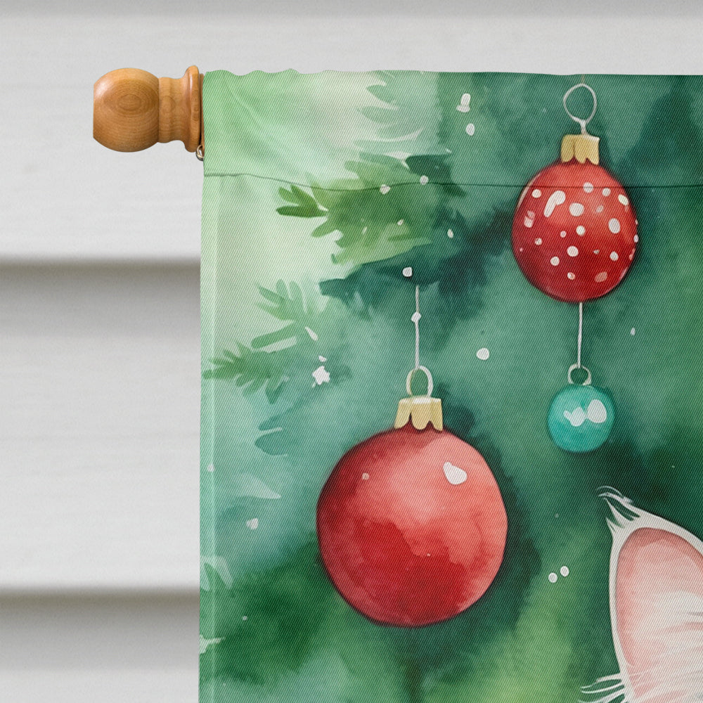 American Curl Cat By the Christmas Tree House Flag 28x40 Porch Sleeve Pole Decorative Outside Yard Banner Artwork Wall Hanging, Polyester