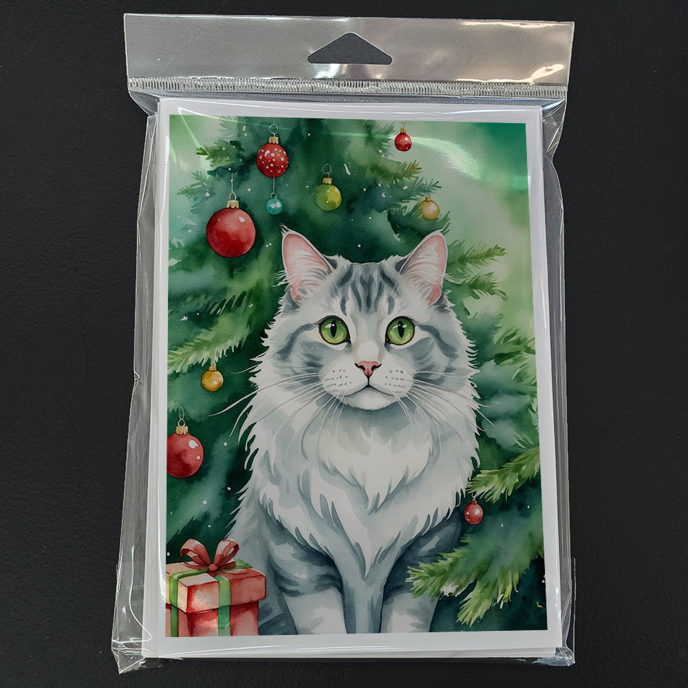 American Curl Cat By the Christmas Tree Greeting Cards Pack of 8 Blank Cards with Envelopes Whimsical A7 Size 5x7