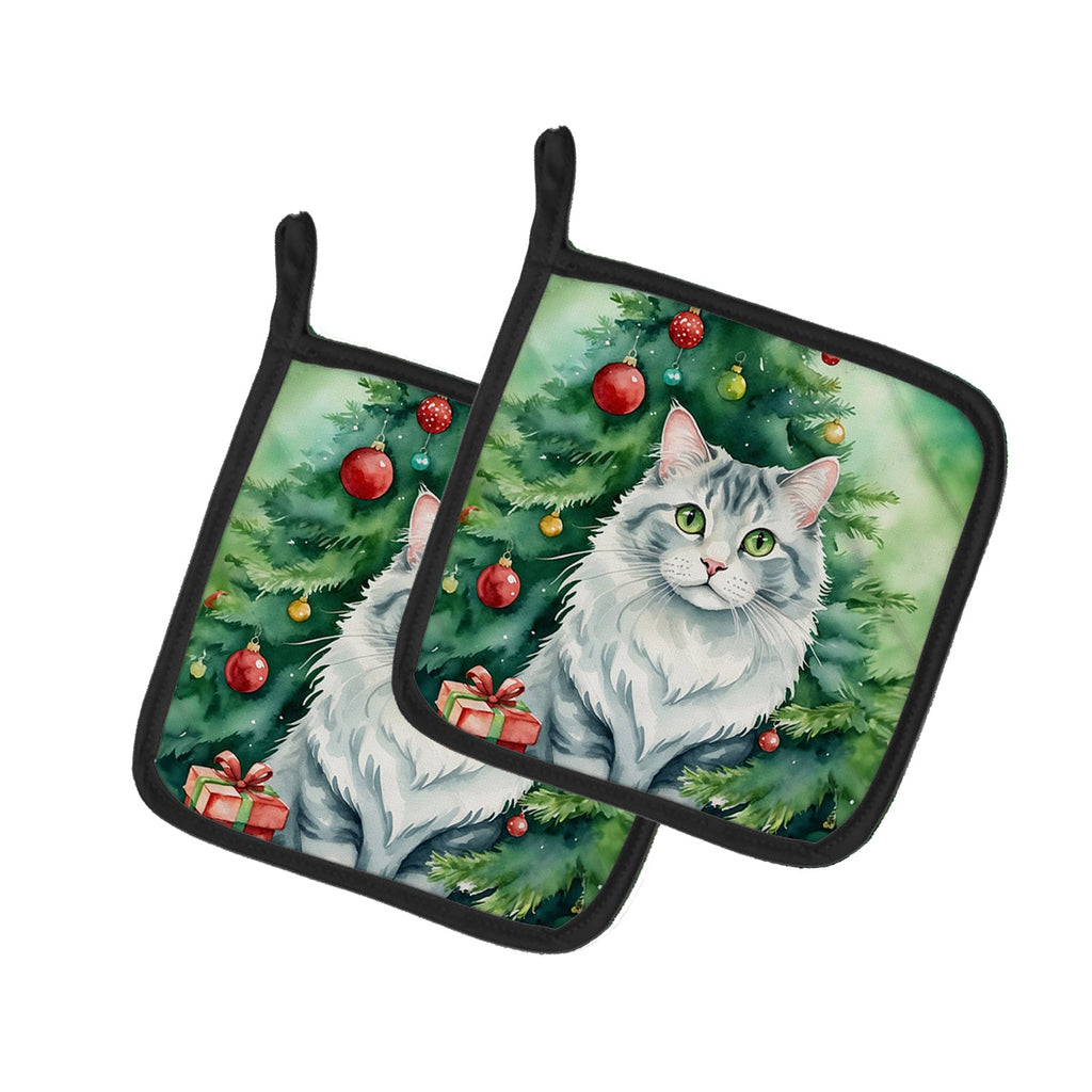 American Curl Cat By the Christmas Tree Pot Holder Set of 2 Heat Resistant Quilted Hot Pads 7.5 x 7.5 Inch, Insulated Kitchen Trivets for Cooking & Baking