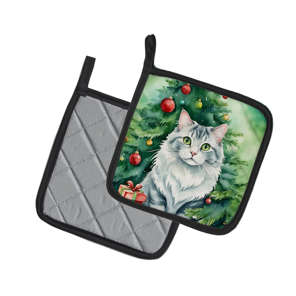 American Curl Cat By the Christmas Tree Pot Holder Set of 2 Heat Resistant Quilted Hot Pads 7.5 x 7.5 Inch, Insulated Kitchen Trivets for Cooking & Baking