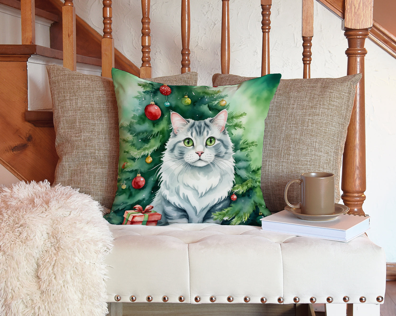 American Curl Cat By the Christmas Tree Decorative Throw Pillow 14x14 Indoor Outdoor Accent Cushion, Fabric Cover with Insert for Sofa, Bed, Porch & Living Room