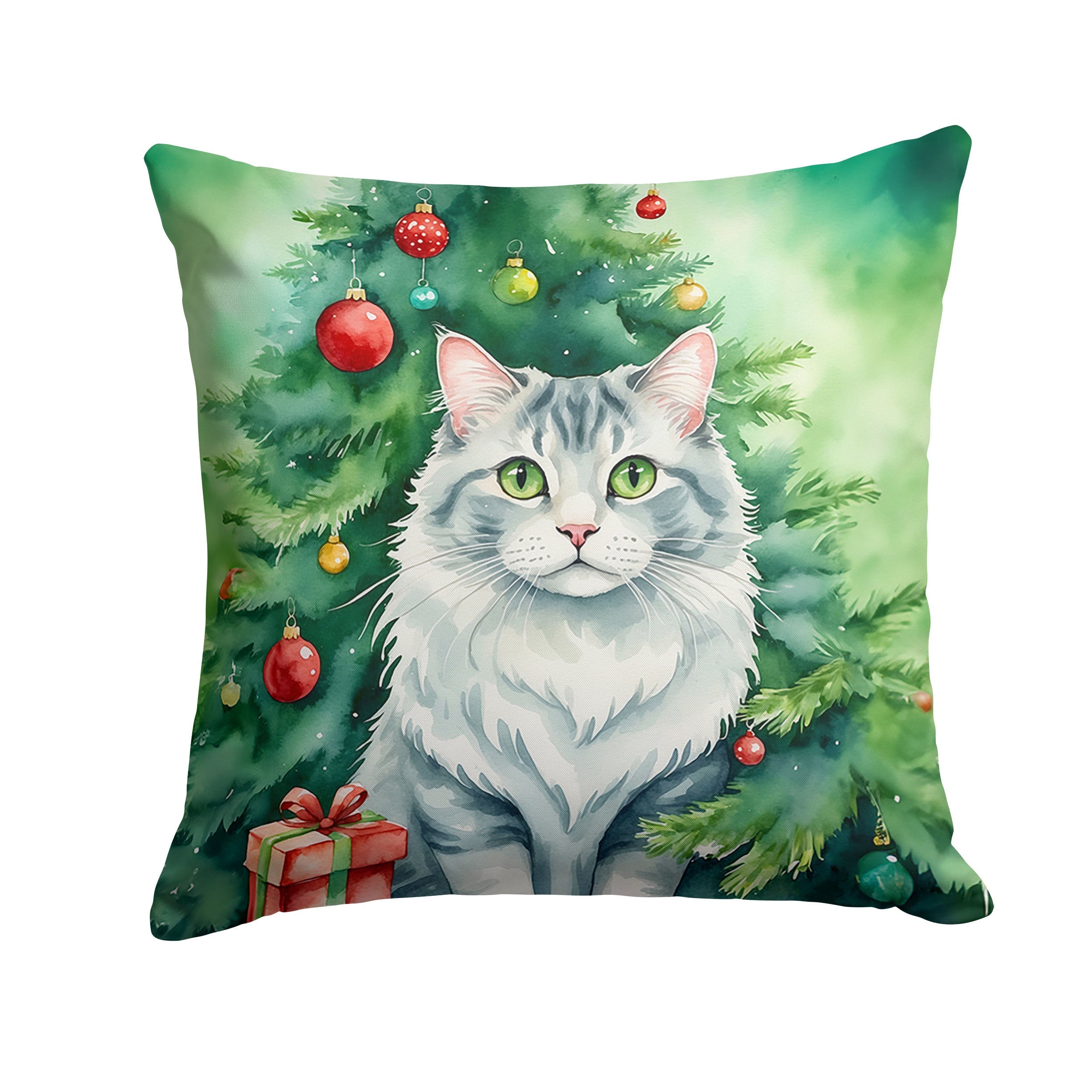 American Curl Cat By the Christmas Tree Decorative Throw Pillow 14x14 Indoor Outdoor Accent Cushion, Fabric Cover with Insert for Sofa, Bed, Porch & Living Room