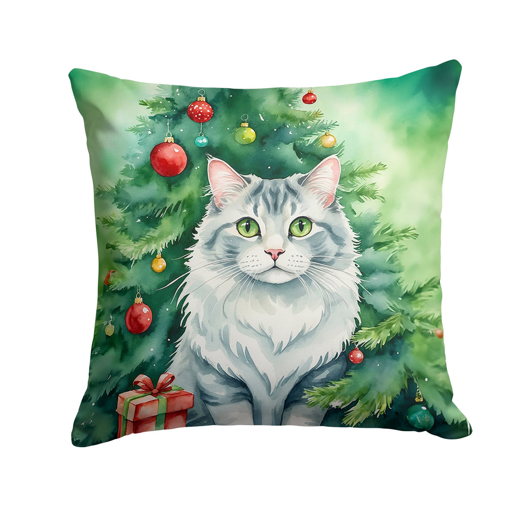 American Curl Cat By the Christmas Tree Decorative Throw Pillow 18x18 Indoor Outdoor Accent Cushion, Fabric Cover with Insert for Sofa, Bed, Porch & Living Room