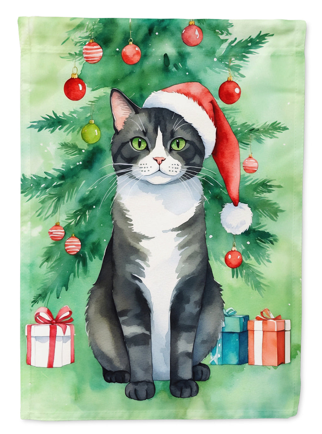 American Polydactyl Cat By the Christmas Tree House Flag 28x40 Porch Sleeve Pole Decorative Outside Yard Banner Artwork Wall Hanging, Polyester