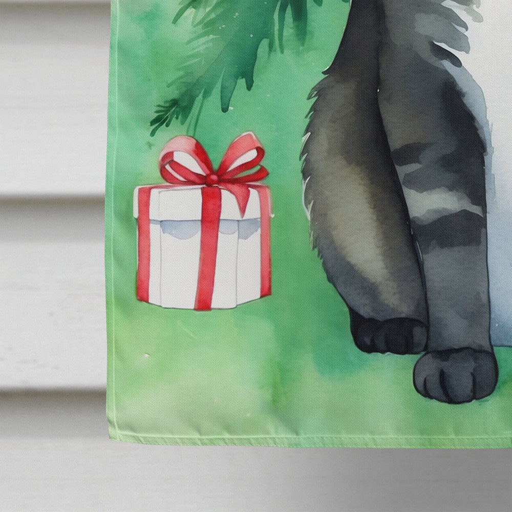 American Polydactyl Cat By the Christmas Tree House Flag 28x40 Porch Sleeve Pole Decorative Outside Yard Banner Artwork Wall Hanging, Polyester