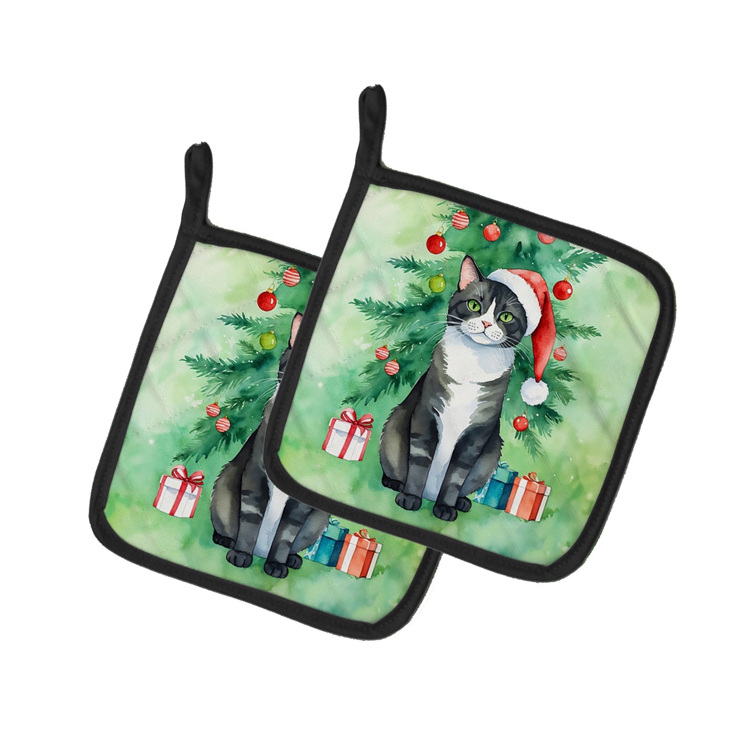 American Polydactyl Cat By the Christmas Tree Pot Holder Set of 2 Heat Resistant Quilted Hot Pads 7.5 x 7.5 Inch, Insulated Kitchen Trivets for Cooking & Baking