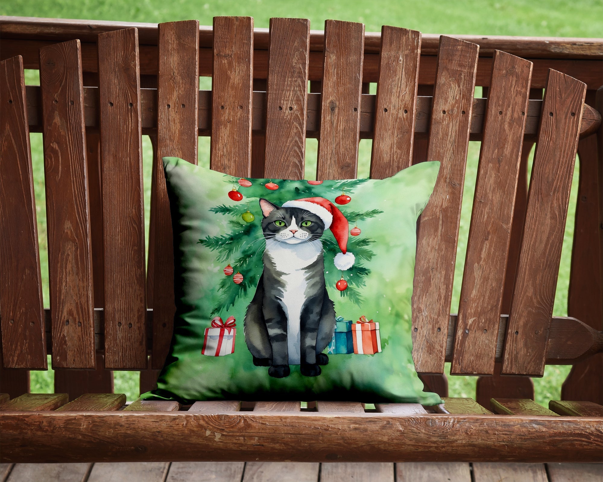 American Polydactyl Cat By the Christmas Tree Decorative Throw Pillow 14x14 Indoor Outdoor Accent Cushion, Fabric Cover with Insert for Sofa, Bed, Porch & Living Room