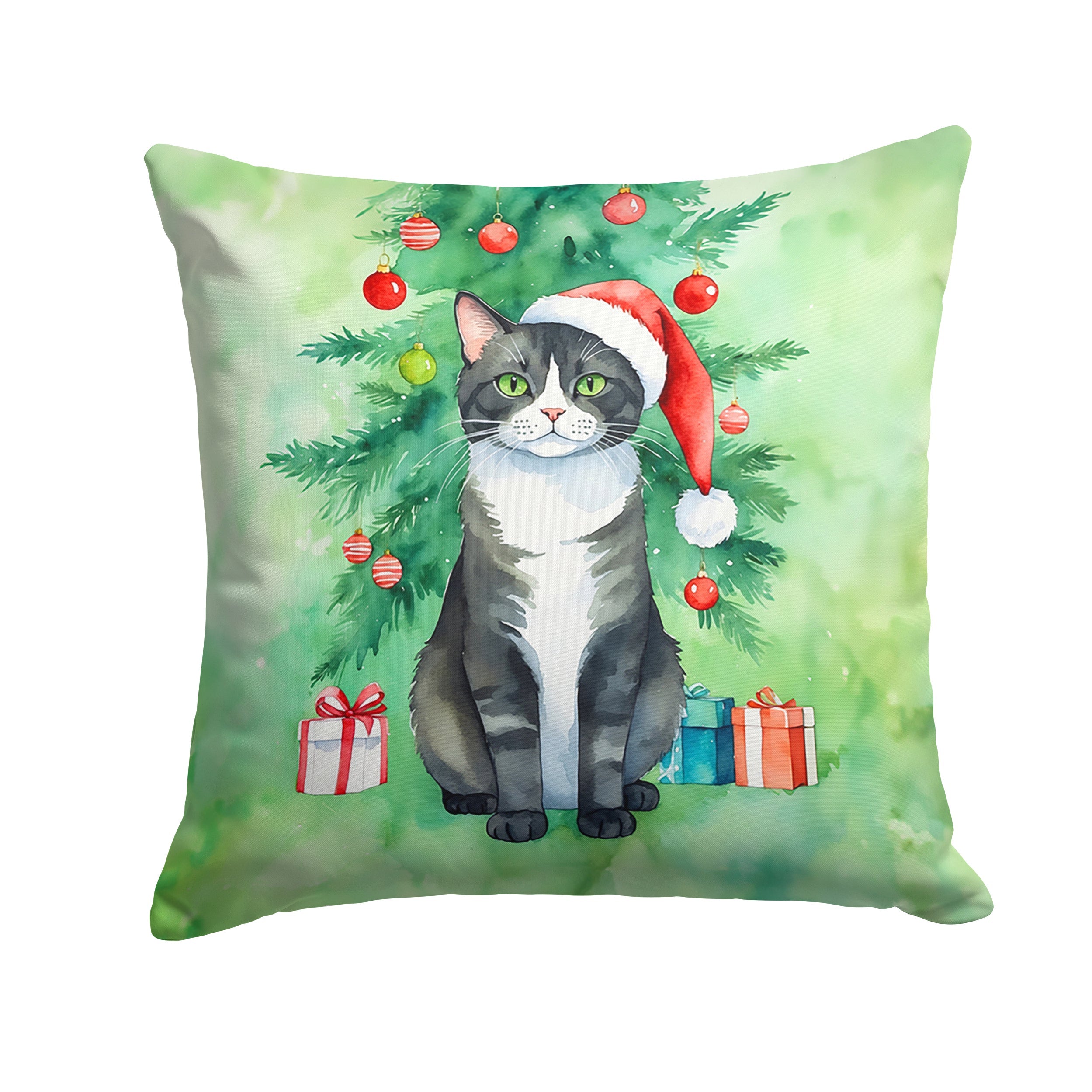 American Polydactyl Cat By the Christmas Tree Decorative Throw Pillow 18x18 Indoor Outdoor Accent Cushion, Fabric Cover with Insert for Sofa, Bed, Porch & Living Room