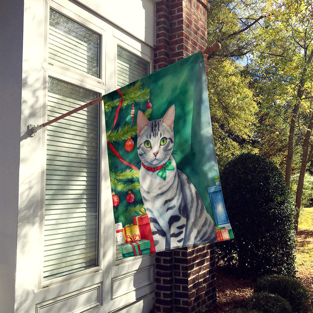 American Shorthair Cat By the Christmas Tree House Flag 28x40 Porch Sleeve Pole Decorative Outside Yard Banner Artwork Wall Hanging, Polyester